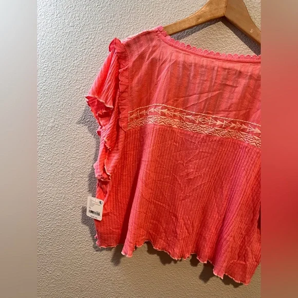 Free People Sarafina Top Boho Cottage Core Embroidered Flutter Crop Pink XL - Picture 11 of 15